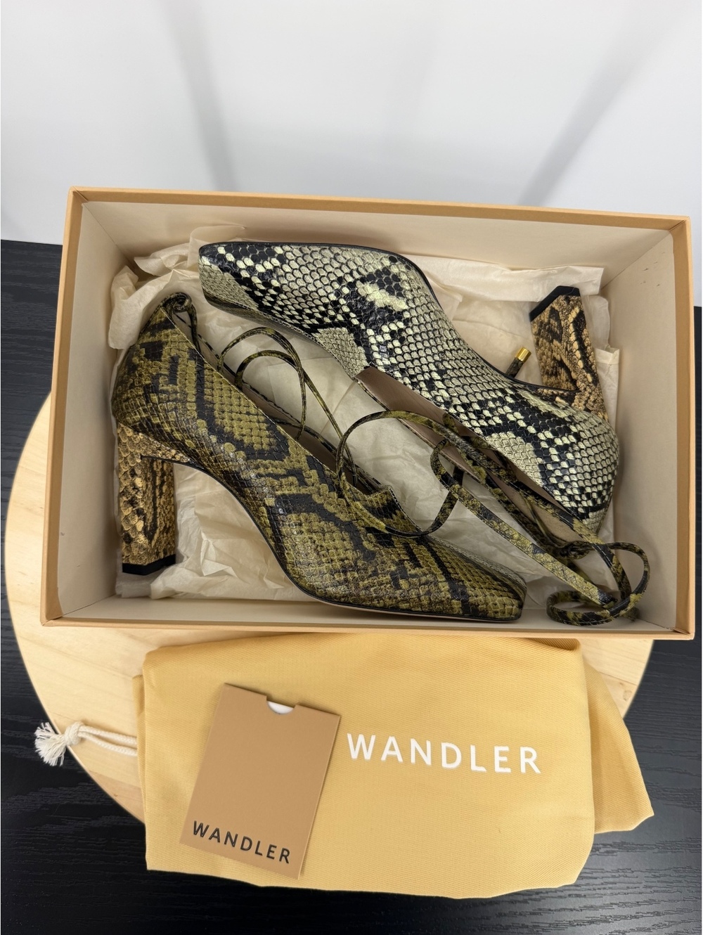 Wandler Isa Mule Olive Python Snake Print Leather Lace Up Heels EU 36 US 6